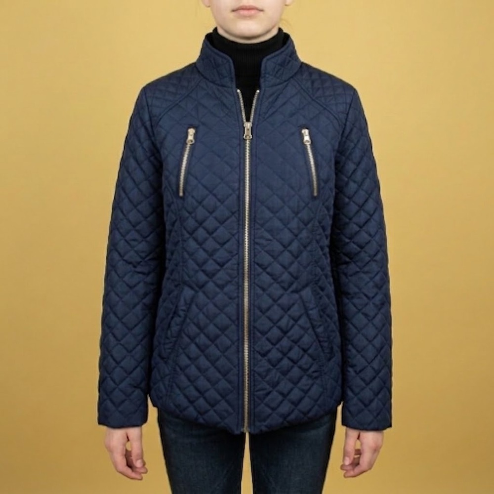 So Quilted Puffer Jacket Girls 16 Navy Blue Gold Zip EUC